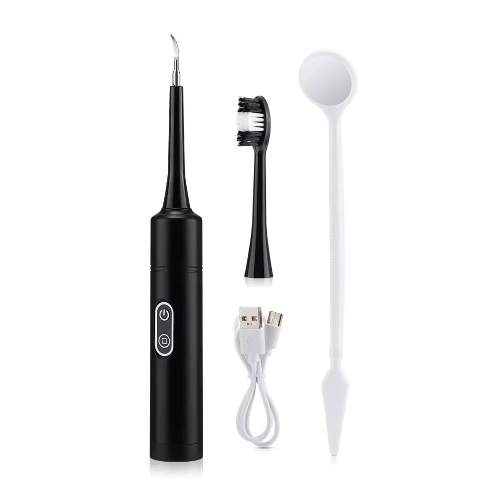 DentaLimpio Pro en color negro con cabezal, cable USB-C y espejo dental