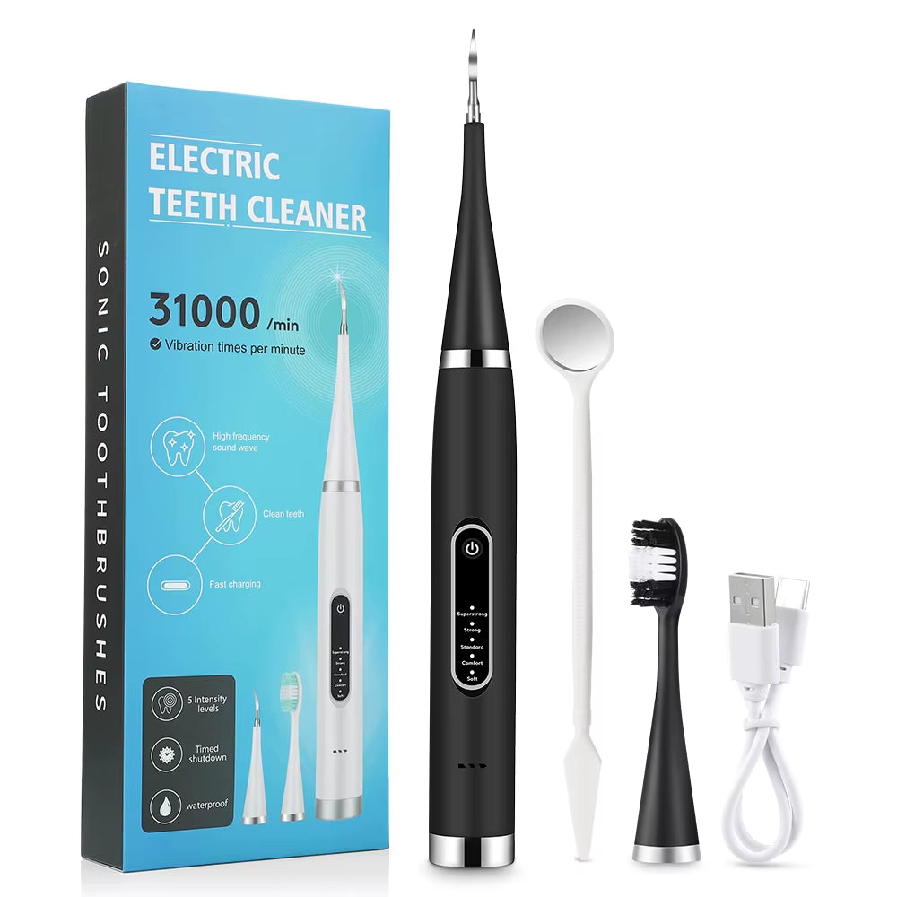 Limpiador dental eléctrico negro Modelo A con cabezal de cepillo y espejo dental