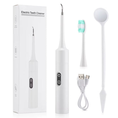 Quitasarro eléctrico DentaLimpio Pro blanco con caja, cabezal de cepillo, cable USB-C y espejo dental