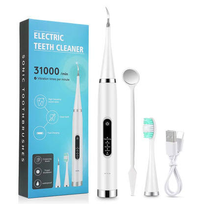 Limpiador dental eléctrico blanco Modelo A con cabezal de cepillo y espejo dental