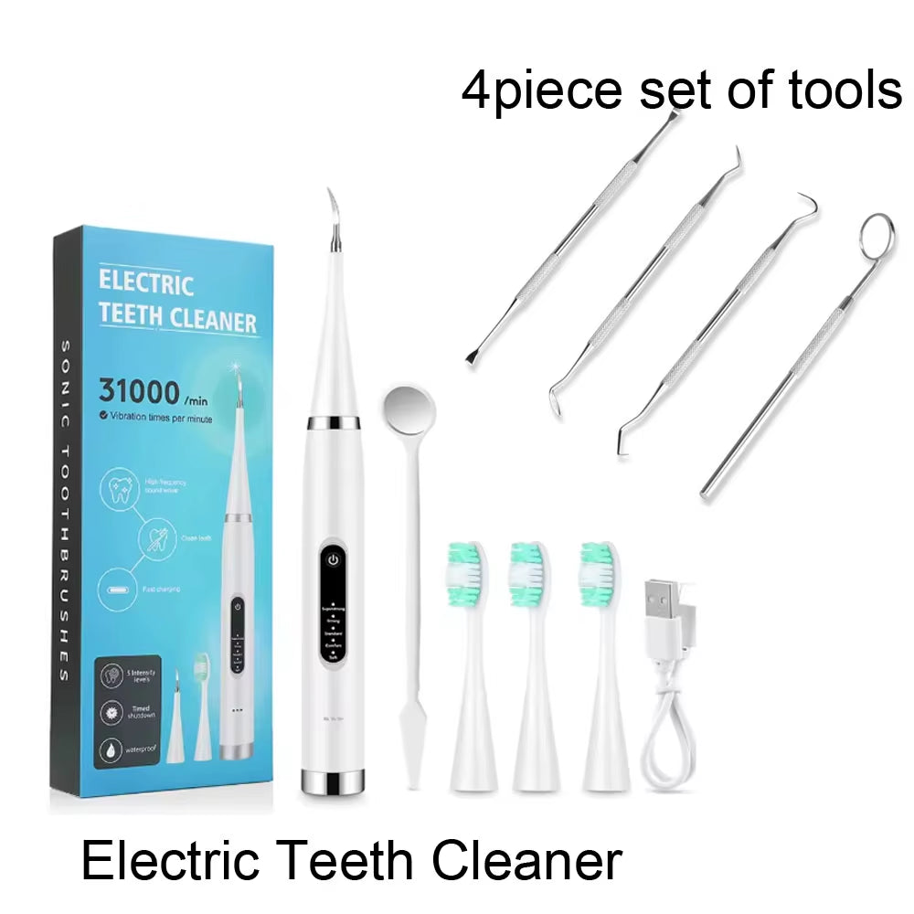 Limpiador dental eléctrico blanco con kit de 4 herramientas dentales